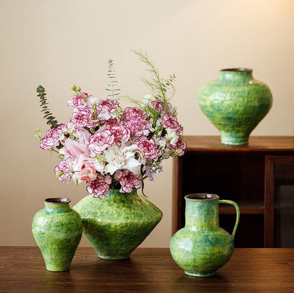 Centerpiece on Dining Table, Modern Pottery Flower Vases, Handmade Water Holding Flower Vases, Pottery Bud Vases, Large Green Flower Vases on Table-Silvia Home Craft