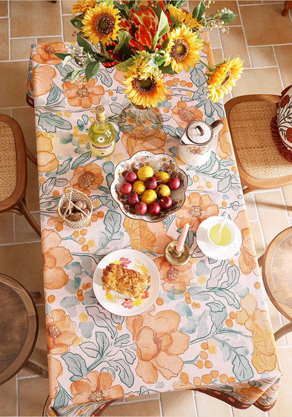 Modern Kitchen Table Cover, Linen Table Cover for Dining Room Table, Spring Flower Tablecloth for Round Table, Simple Modern Rectangle Tablecloth Ideas for Oval Table-Silvia Home Craft