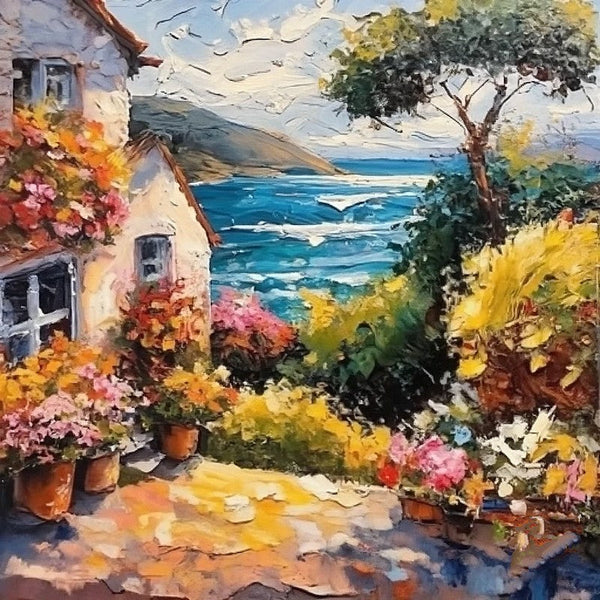 Simple Small Canvas Paintings, Seashore Summer Resort Painting, Original Paintings, Small Landscape Paintings, Heavy Texture Canvas Paintings, Easy Landscape Painting Ideas-Silvia Home Craft