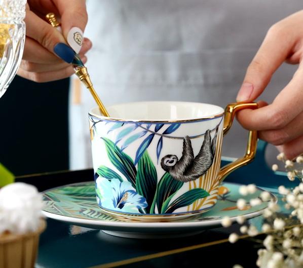 Handmade Coffee Cups with Gold Trim and Gift Box, 7.4 oz Tea Cup and Saucer, Jungle Tiger Porcelain Coffee Cups-Silvia Home Craft