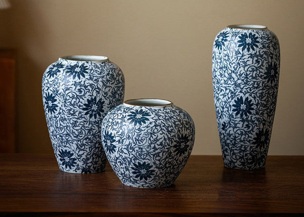 Centerpiece on Dining Table, Large Blue Flower Vase on Table, Vintage Bouquet Flower Vases, Handmade Porcelain Flower Vases Urn, Water Holding Flower Vases-Silvia Home Craft