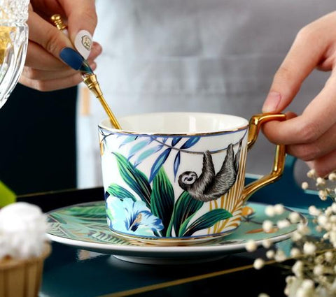 Elegant Porcelain Coffee Cups, Coffee Cups with Gold Trim and Gift Box, Tea Cups and Saucers, Jungle Animal Porcelain Coffee Cups-Silvia Home Craft