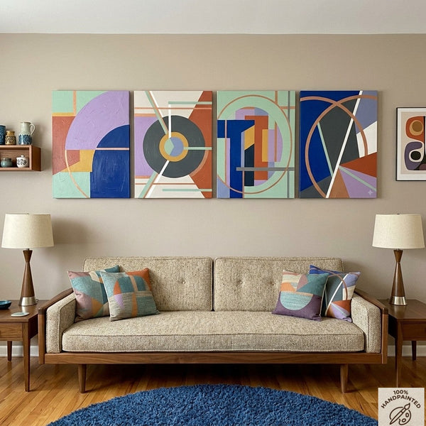 Large Absract Paintings for Modern Living Room, Contemporary Geometric Art, Multi Panel Group Artwork-Silvia Home Craft