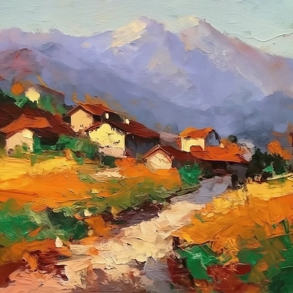Original Small Landscape Paintings, Hand Painted Canvas Art, Easy Landscape Painting Ideas, Mountain Village Painting, Simple Small Canvas Paintings-Silvia Home Craft