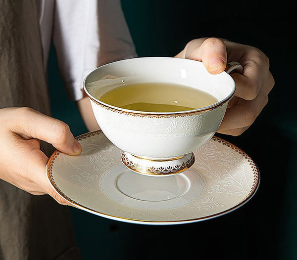 Porcelain Coffee Cup Set, White Ceramic Cups, 7.8 oz British Ceramic Coffee Cups, Unique Tea Cup and Saucer in Gift Box-Silvia Home Craft