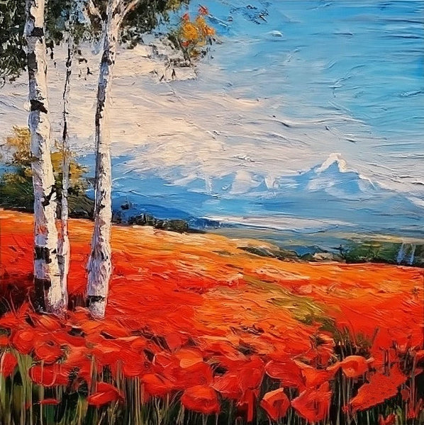 Simple Small Canvas Paintings, Red Poppy Field Birch Tree Landscape Painting, Original Small Landscape Paintings, Heavy Texture Canvas Art, Palette Knife Paintings, Easy Landscape Painting Ideas-Silvia Home Craft
