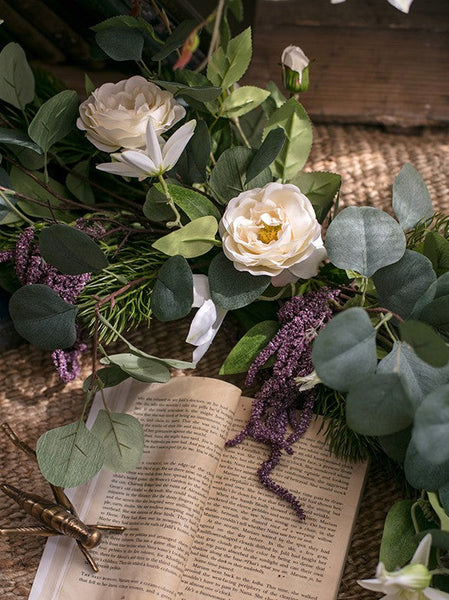 Eucalyptus Globulus, Clematis, White Rose Flowers, Unique Flower Arrangement for Home Decoration, Beautiful Modern Artificial Flowers for Dining Room Table-Silvia Home Craft