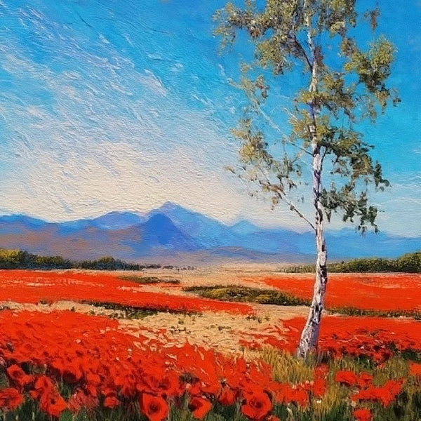 Red Poppy Field Birch Tree Landscape Painting, Simple Small Canvas Paintings, Original Small Landscape Paintings, Heavy Texture Canvas Art, Palette Knife Paintings, Easy Landscape Painting Ideas-Silvia Home Craft