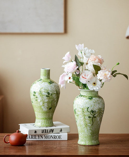 Large Flower Vases on Table, Green Porcelain Flower Vases, Centerpiece Ceramic Bud Vases, Handmade Water Holding Flower Vase-Silvia Home Craft