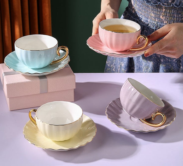 Beautiful British Tea Cups, Creative Porcelain Tea Cup Saucer Set of 2 Cups, Elegant Macaroon Ceramic Coffee Cups, 6.8 oz Tea Cup and Saucer in Gift Box as Birthday Gift-Silvia Home Craft
