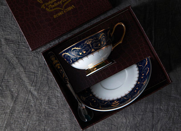 Porcelain Tea Cup Saucer Set, Unique Blue Tea Cup and Saucer in Gift Box, Royal Ceramic Cups, Elegant Ceramic Coffee Cups-Silvia Home Craft