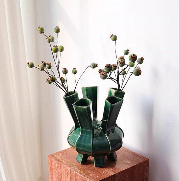 Unique Handmade Modern Flower Vase, Centerpiece Ceramic Bouquet Vases, Contemporary Vases on Dining Table, Green Porcelain Vases for Modern Home Decor-Silvia Home Craft