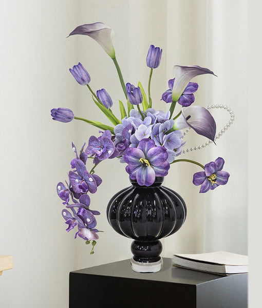 Black Glaze Vase, Contemporary Vases for Modern Home Decor, Black Glass Bud Vases, Handmade Liuli Vases, Centerpiece Vases on Table-Silvia Home Craft