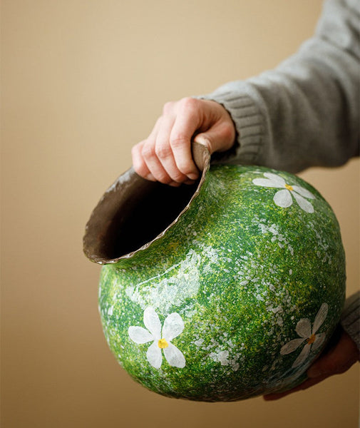 Modern Pottery Flower Vases, Centerpiece on Dining Table, Handmade Water Holding Flower Vases, Pottery Bud Vases, Large Green Flower Vases on Table-Silvia Home Craft