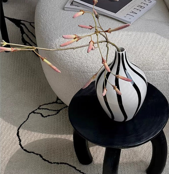 Water Holding Flower Vases, Black and White Striped Ceramic Vase, Porcelain Flower Vases, Modern Flower Vases on Table-Silvia Home Craft