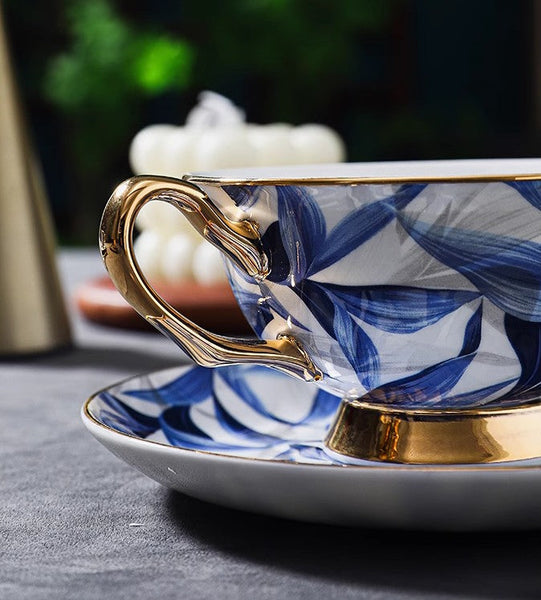 Unique British Tea Cup and Saucer in Gift Box, Blue Porcelain Tea Cup Saucer Set, 7.4 oz British Ceramic Coffee Cups-Silvia Home Craft