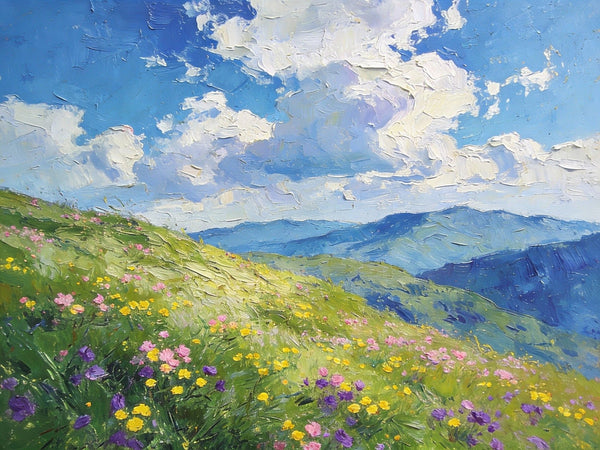 Small Canvas Art, Mountainous Landscape with Blossoming Meadows, Original Wall Paintings, On Canvas Small Paintings, Original Artwork Small Paintings, Small Landscape Paintings-Silvia Home Craft
