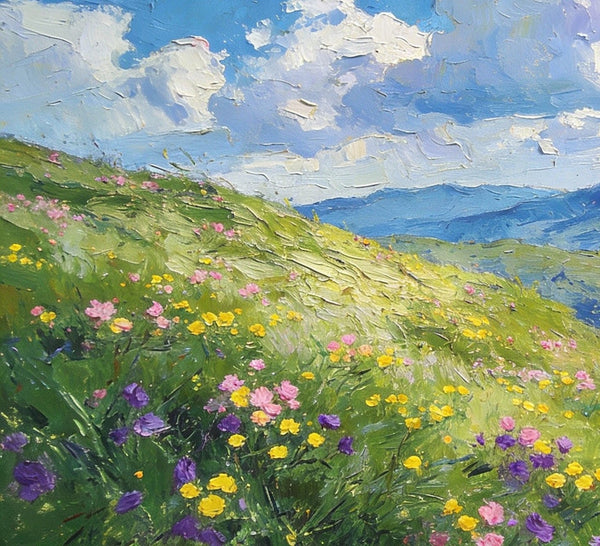 Small Canvas Art, Mountainous Landscape with Blossoming Meadows, Original Wall Paintings, On Canvas Small Paintings, Original Artwork Small Paintings, Small Landscape Paintings-Silvia Home Craft