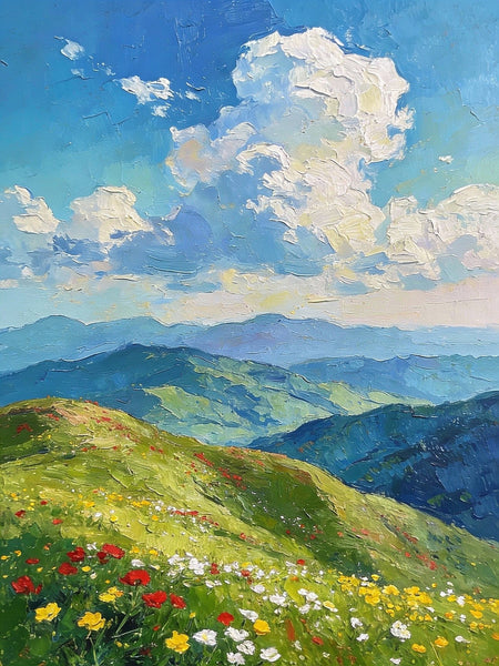 Original Small Paintings, A Flowering Hillside Under an Azure Sky, Small Oil Paintings, Small Wall Paintings, Landscape Artwork Canvas Paintings-Silvia Home Craft