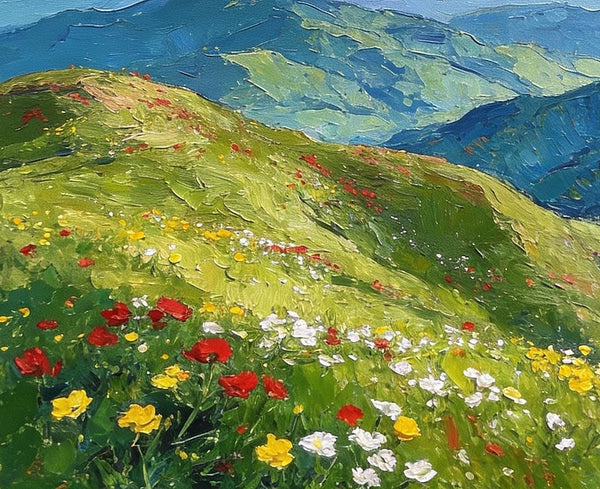 Original Small Paintings, A Flowering Hillside Under an Azure Sky, Small Oil Paintings, Small Wall Paintings, Landscape Artwork Canvas Paintings-Silvia Home Craft