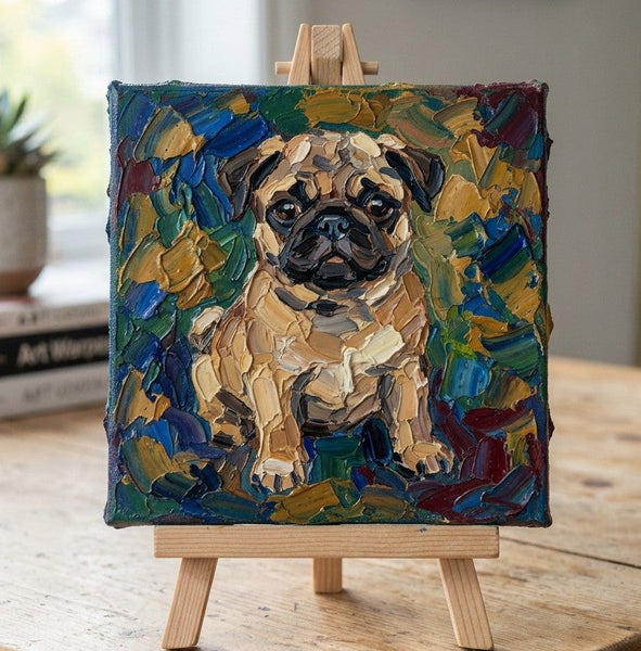 Small Art on Canvas, Abstract Pet Portrait Painting, Hand Painted Canvas Art, Original Acrylic Paintings, Abstract Pug Dog Portrait, Impasto Artwork, Heavy Texture Painting-Silvia Home Craft