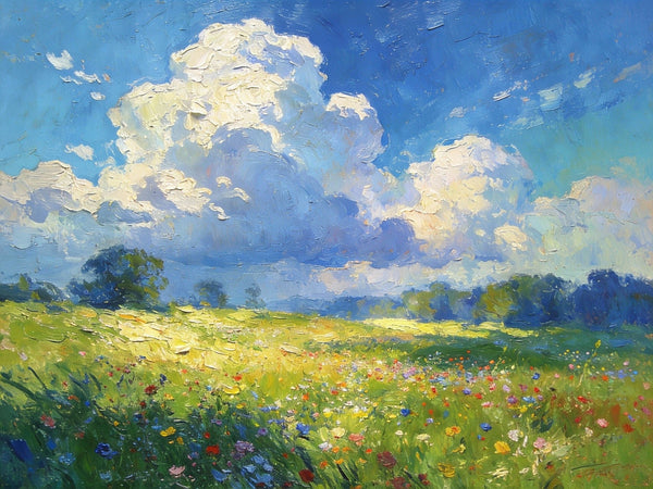 Valley in Bloom, Sunlight, Clouds, and Colorful Flora, Small Oil Paintings on Canvas, Hand Painted Canvas Art, Heavy Texture Oil Paintings, Original Artwork Small Paintings, Small Wall Paintings-Silvia Home Craft