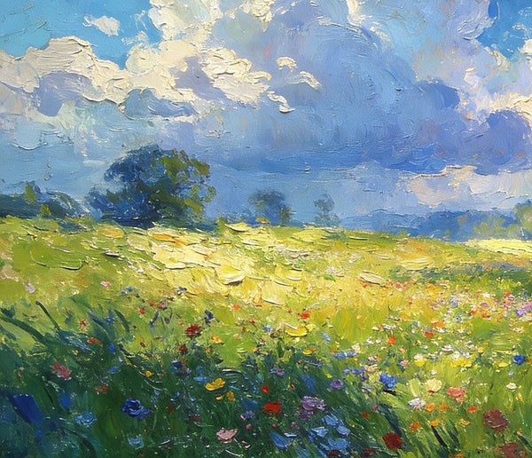 Valley in Bloom, Sunlight, Clouds, and Colorful Flora, Small Oil Paintings on Canvas, Hand Painted Canvas Art, Heavy Texture Oil Paintings, Original Artwork Small Paintings, Small Wall Paintings-Silvia Home Craft