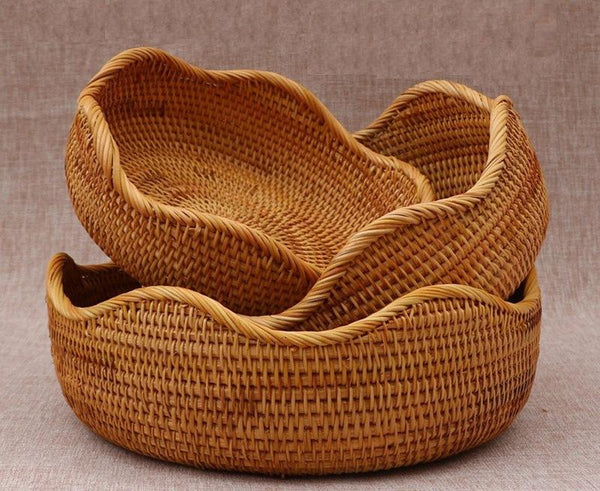Woven Round Rattan Basket, Storage Basket for Dining Room Table, Woven Storage Basket for Kitchen, Small Storage Baskets, Set of 3-Silvia Home Craft