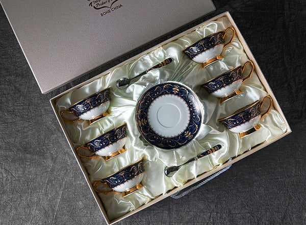 Porcelain Tea Cup Saucer Set, Unique Blue Tea Cup and Saucer in Gift Box, Royal Ceramic Cups, Elegant Ceramic Coffee Cups-Silvia Home Craft