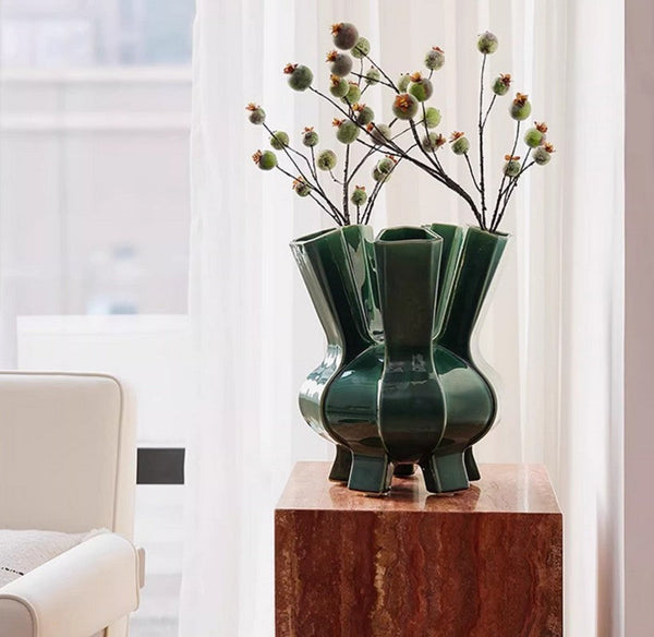 Unique Handmade Modern Flower Vase, Centerpiece Ceramic Bouquet Vases, Contemporary Vases on Dining Table, Green Porcelain Vases for Modern Home Decor-Silvia Home Craft