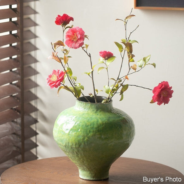 Centerpiece on Dining Table, Modern Pottery Flower Vases, Handmade Water Holding Flower Vases, Pottery Bud Vases, Large Green Flower Vases on Table-Silvia Home Craft