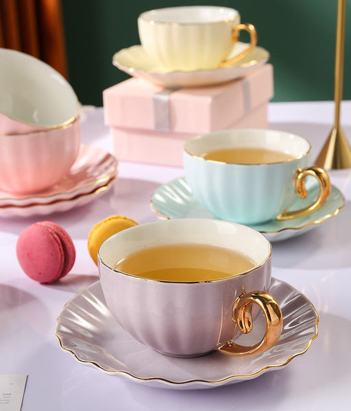 French Style Tea Cup and Saucer in Gift Box as Birthday Gift, Elegant Macaroon Ceramic Coffee Cups, Porcelain Tea Cup Saucer Set of 2 Cups, Beautiful British Tea Cups-Silvia Home Craft