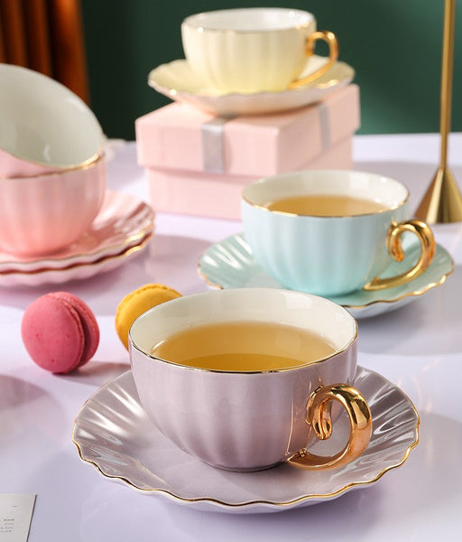 Macaroon Ceramic Coffee Cups, 6.8 oz Tea Cup and Saucer Set of 2 Cups in Gift Box as Birthday Gift, Beautiful Elegant British Tea Cups, Creative Porcelain Tea Cup Set-Silvia Home Craft