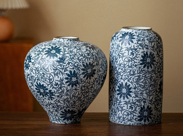 Centerpiece on Dining Table, Large Blue Flower Vase on Table, Vintage Bouquet Flower Vases, Handmade Porcelain Flower Vases Urn, Water Holding Flower Vases-Silvia Home Craft