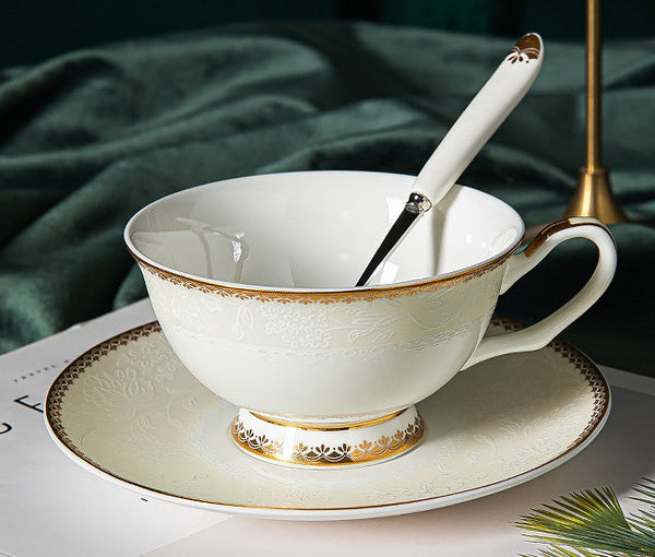 Elegant British Ceramic Coffee Cups, 7.8 oz Porcelain Coffee Cup Set, White Ceramic Cups, Unique Tea Cup and Saucer in Gift Box-Silvia Home Craft