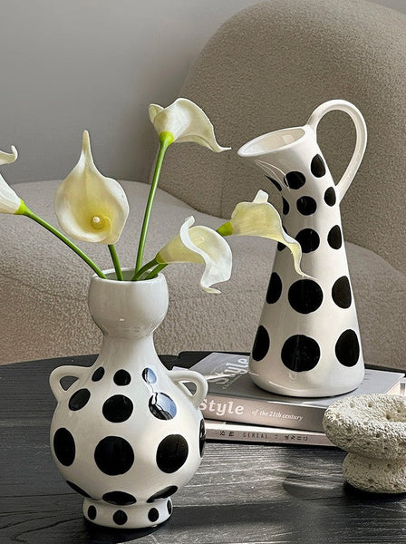 Ceramic Bud Vases, Small Flower Vases on Table, Black and White Polka Dot Flower Vase, Modern Porcelain Flower Vases, Handmade Water Holding Flower Vases-Silvia Home Craft