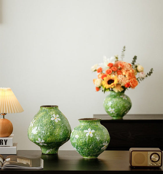Centerpiece on Dining Table, Handmade Water Holding Flower Vases, Modern Pottery Flower Vases, Pottery Bud Vases, Large Green Flower Vases on Table-Silvia Home Craft