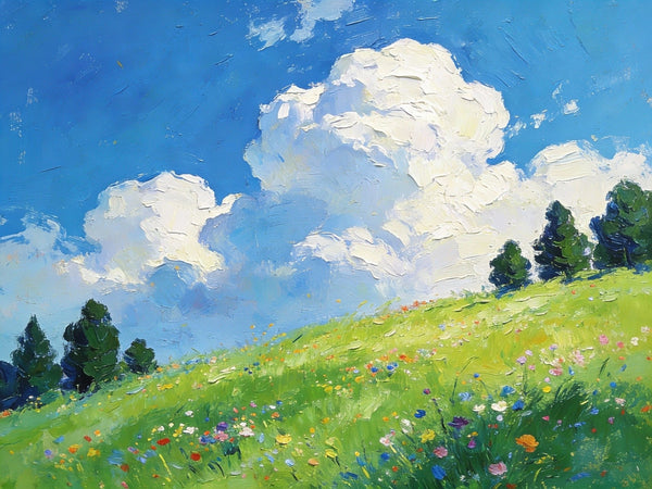 Beneath a Sky of Clouds, a Hillside in Bloom, Small Paintings on Canvas, Hand Painted Canvas Art, Small Landscape Paintings, Original Oil Paintings, Small Paintings As Birthday Gift-Silvia Home Craft