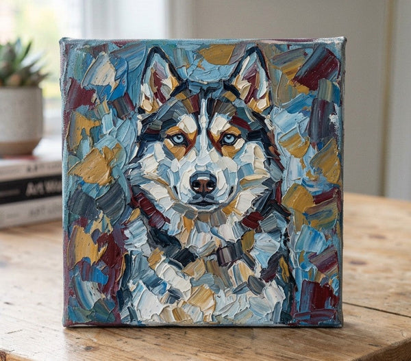 Husky Dog Portrait, Abstract Pet Portrait Painting, Hand Painted Canvas Art, Impasto Artwork, Heavy Texture Painting, Small Art on Canvas, Original Acrylic Paintings-Silvia Home Craft