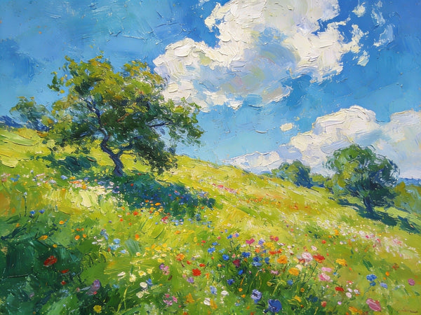 Lush Green Fields Under a Cloudy Sky, Small Oil Paintings on Canvas, Small Wall Paintings, Hand Painted Canvas Art, Heavy Texture Oil Paintings, Original Artwork Small Paintings-Silvia Home Craft