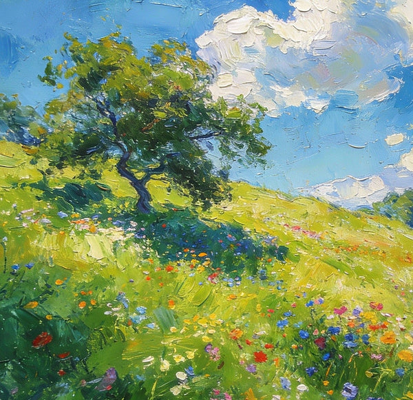 Lush Green Fields Under a Cloudy Sky, Small Oil Paintings on Canvas, Small Wall Paintings, Hand Painted Canvas Art, Heavy Texture Oil Paintings, Original Artwork Small Paintings-Silvia Home Craft
