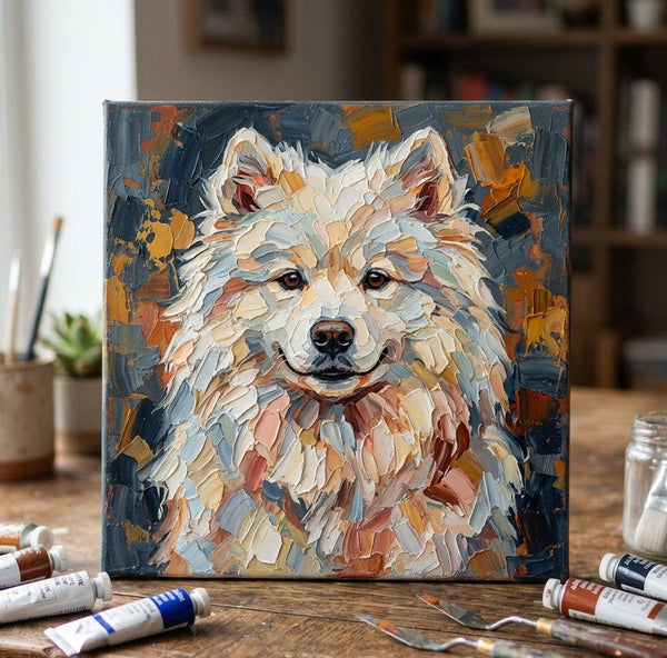 Abstract Pet Portrait Painting, Samoyed Dog Portrait, Hand Painted Canvas Art, Impasto Artwork, Original Acrylic Paintings, Heavy Texture Painting, Small Art on Canvas-Silvia Home Craft