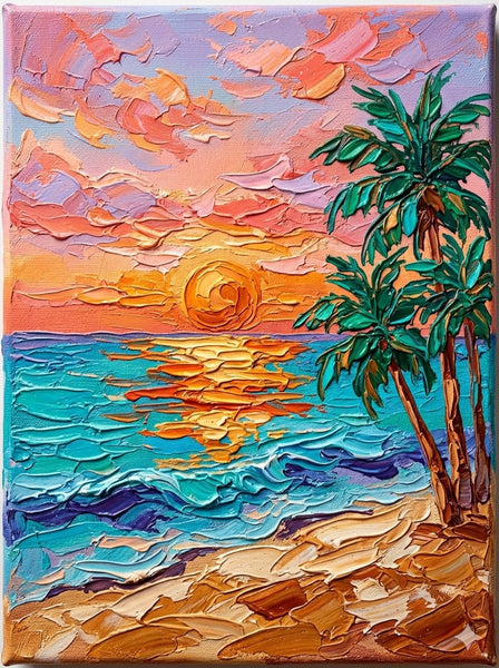 Hand Painted Canvas Art, Small Art on Canvas, Seashore Palm Tree Sunset Painting, Original Acrylic Paintings, Impasto Artwork, Heavy Texture Painting, Original Lanscape Art-Silvia Home Craft