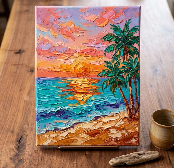 Hand Painted Canvas Art, Small Art on Canvas, Seashore Palm Tree Sunset Painting, Original Acrylic Paintings, Impasto Artwork, Heavy Texture Painting, Original Lanscape Art-Silvia Home Craft