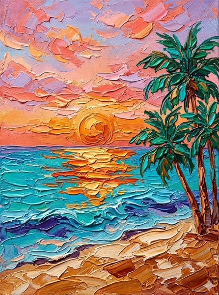 Hand Painted Canvas Art, Small Art on Canvas, Seashore Palm Tree Sunset Painting, Original Acrylic Paintings, Impasto Artwork, Heavy Texture Painting, Original Lanscape Art-Silvia Home Craft
