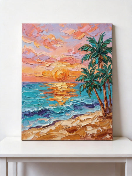 Hand Painted Canvas Art, Small Art on Canvas, Seashore Palm Tree Sunset Painting, Original Acrylic Paintings, Impasto Artwork, Heavy Texture Painting, Original Lanscape Art-Silvia Home Craft