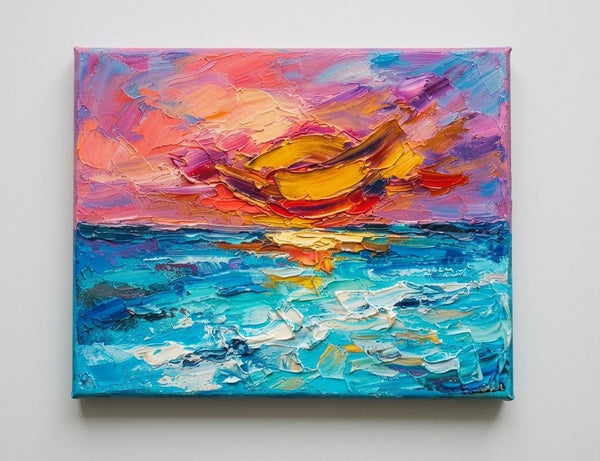 Small Art on Canvas, Seashore Sunset Painting, Hand Painted Canvas Art, Original Acrylic Paintings, Impasto Artwork, Heavy Texture Painting-Silvia Home Craft