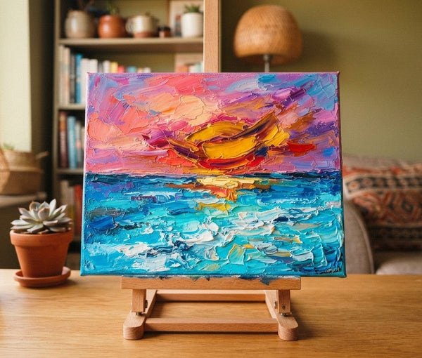 Small Art on Canvas, Seashore Sunset Painting, Hand Painted Canvas Art, Original Acrylic Paintings, Impasto Artwork, Heavy Texture Painting-Silvia Home Craft