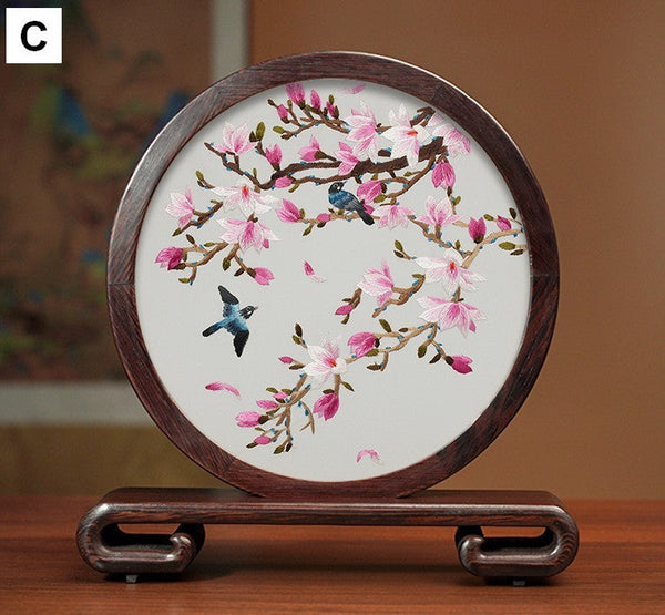 Creative Birthday Gift, Flower and Birds Embroidery Ornaments, Traditional Chinese Suzhou Silk Embroidered Ornament, Premium Souvenir, Exclusive Business Presents-Silvia Home Craft