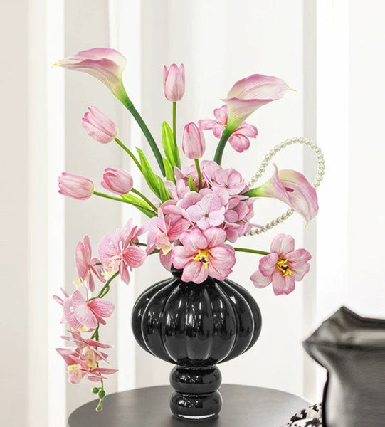 Unique Contemporary Vases for Modern Home Decor, Black Glass Bud Vases, Handmade Liuli Vases, Centerpiece Vases on Table, Black Glaze Vase-Silvia Home Craft